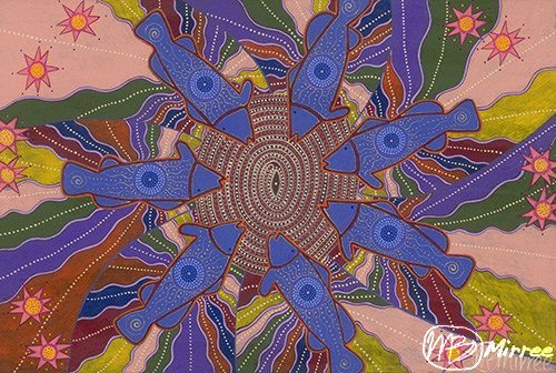 “Barramundi Dreaming – Family Circle Healing” Acrylic, 90cm x 60cm by artist Mirree Louise Bayliss. See her portfolio by visiting www.ArtsyShark.com