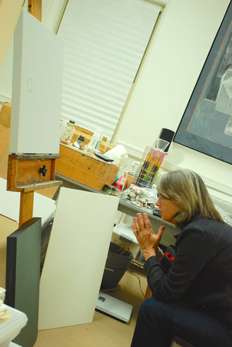 Miller-Havens in her studio: the dilemma of the blank canvas. See her artist feature at www.ArtsyShark.com