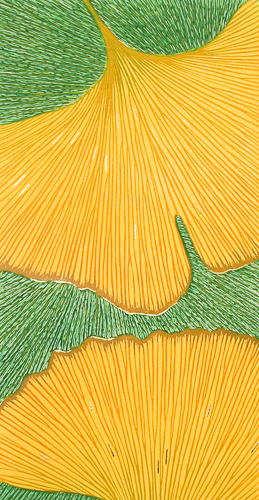 “An Echo of Beginnings” Reduction Linocut with Gold Leaf, 27” x 14” by artist Elizabeth Busey. See her portfolio by visiting www.ArtsyShark.com