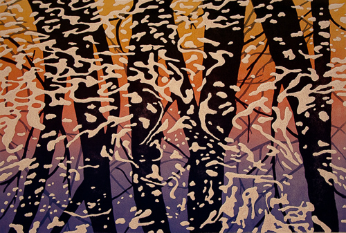 “In Celebration of Thin Places” Reduction Linocut, 17” x 25” by artist Elizabeth Busey. See her portfolio by visiting www.ArtsyShark.com