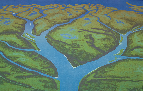 “Renaissance at Mossy River” Reduction Linocut, 14” x 22” by artist Elizabeth Busey. See her portfolio by visiting www.ArtsyShark.com