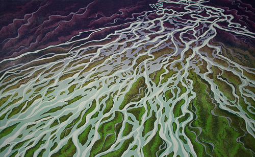 “Righteousness as a Mighty Stream” Reduction Linocut, 25” x 40” by artist Elizabeth Busey. See her portfolio by visiting www.ArtsyShark.com