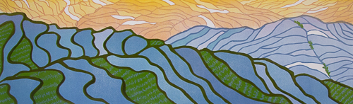 “Tranquil Terraces Dawning” Reduction Linocut, 10” x 33” by artist Elizabeth Busey. See her portfolio by visiting www.ArtsyShark.com