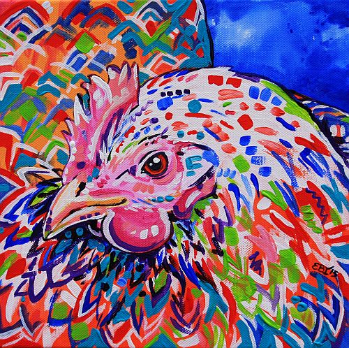 “Little Hen” Acrylic on Stretched Canvas, 25cm x 25cm by artist Eve Izzett. See her portfolio by visiting www.ArtsyShark.com