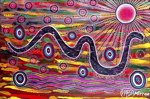 “Rainbow Serpent – Light of the Soul” Acrylic, 90cm x 60cm by artist Mirree Louise Bayliss. See her portfolio by visiting www.ArtsyShark.com