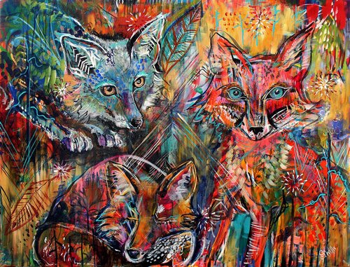 “Spirit Foxes” Acrylic, 36” x 48” by artist Shelby Willis. See her portfolio by visiting www.ArtsyShark.com