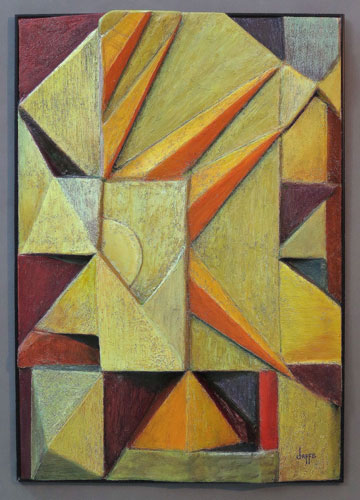 “Aztec” Mixed Media, 28” x 40” x 5” by artist Ed Jaffe. See his portfolio by visiting www.ArtsyShark.com