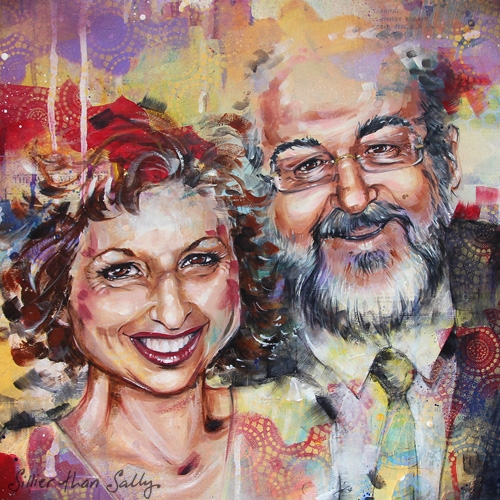Commission portrait. Acrylic, Charcoal, Spray Paint and Collaged Vintage Paper, 70cm x 70cm by artist Sally Walsh. See her portfolio by visiting www.ArtsyShark.com