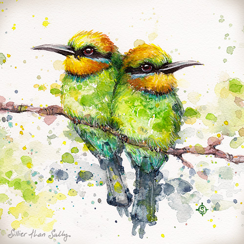 “Family (Rainbow Bee Eaters)” Watercolour, 21cm x 21cm by artist Sally Walsh. See her portfolio by visiting www.ArtsyShark.com