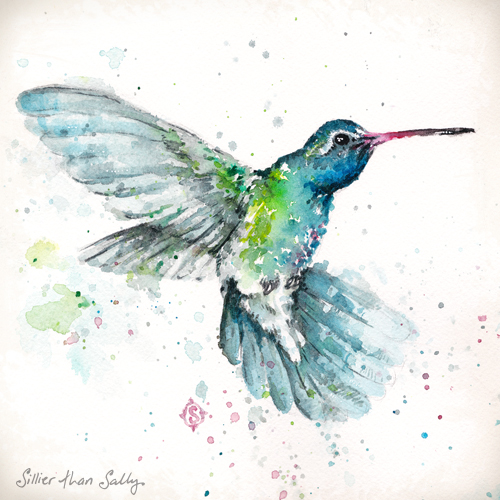 “Hummingbird’s Flight” Watercolour, 21cm x 21cm by artist Sally Walsh. See her portfolio by visiting www.ArtsyShark.com