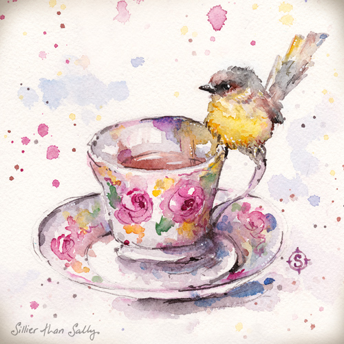 “Tea Time (Eastern Yellow Robin)” Watercolour, 21cm x 21cm by artist Sally Walsh. See her portfolio by visiting www.ArtsyShark.com