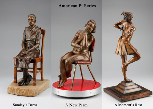 “American Pi” Bronze with Mixed Media (“Sunday’s Dress,” 17” x 8” x 10”/ “A New Perm,” 17” x 10” x 10”/ “A Moment’s Rest,” 23” x 6” x 6”) by artist Ken Newman. See his portfolio by visiting www.ArtsyShark.com