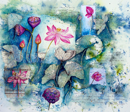 “Ebb & Flow of the Lotus 1” Mixed Media, 56cm x 66cm by artist Donna Maloney. See her portfolio by visiting www.ArtsyShark.com