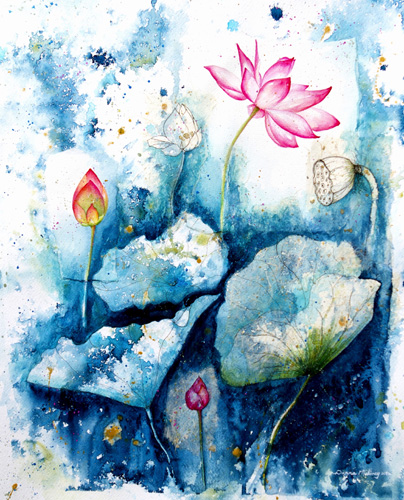 “Pink Lotus Flower” Mixed Media, 56cm x 66cm by artist Donna Maloney. See her portfolio by visiting www.ArtsyShark.com