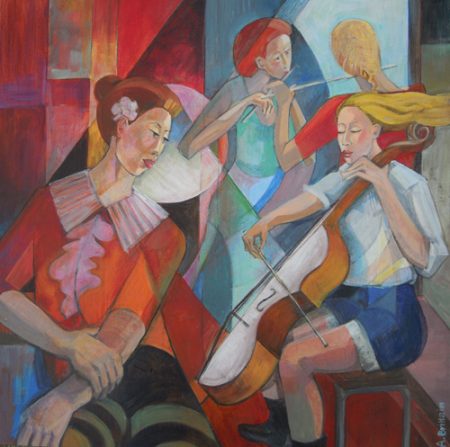 “Rehearsal" (Final painting) Acrylic on Canvas, 50cm x 50cm by artist Angela Brittain. See her portfolio by visiting www.ArtsyShark.com