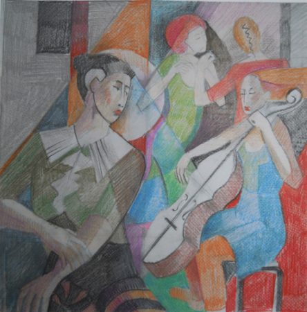 “Rehearsal" Fig. 2 (example of colour schemes done on tracing paper in crayon) by artist Angela Brittain. See her portfolio by visiting www.ArtsyShark.com