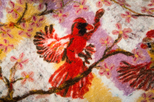 Detail shot, "Cardinals with Apple Blossoms" shawl. Hand dyed, felted by Wendy Ives. See her artist portfolio at www.ArtsyShark.com