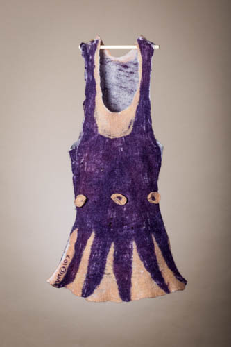 "Purple Flair Drop Waist Dress" 100% organic wool with nontoxic plant dyes. Part of the Swarm (AKA The Laundry Line) installation. Wool Felt, h 16” x w 9” x d 3” by Wendy Ives. See her portfolio at www.ArtsyShark.com