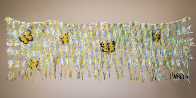 "Little Yellow Butterflies" hand dyed felted painting / shawl. 100% organic wool, with nontoxic plant dyes. Wet felt, w 60” x h 24” by Wendy Ives. See her portfolio at www.ArtsyShark.com