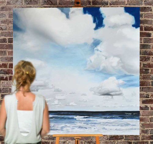 "Beautiful Cumulus Sky at Sea" Pastel in Progress, 40" x 40" by artist Stacy Hatley Carter. See her portfolio by visiting www.ArtsyShark.com