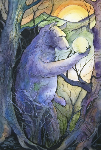 “Holding the Moon” Watercolor, Gouache and Ink, 22” x 15” by artist Pattie Brooks Anderson. See her portfolio by visiting www.ArtsyShark.com