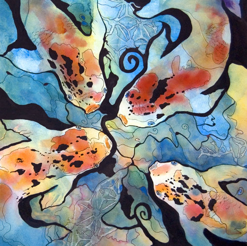 “Koi” Watercolor, Gouache and Ink, 15” x 15” by artist Pattie Brooks Anderson. See her portfolio by visiting www.ArtsyShark.com