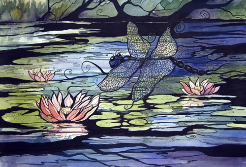 “Magic Dragonfly” Watercolor, Gouache and Ink, 15” x 22” by artist Pattie Brooks Anderson. See her portfolio by visiting www.ArtsyShark.com