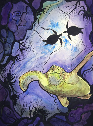 “Sea Turtle’s Plea” Watercolor, Gouache and Ink, 30” x 22” by artist Pattie Brooks Anderson. See her portfolio by visiting www.ArtsyShark.com