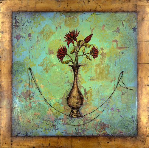 “Still Life on a Tightrope” Mixed Media, 34” x 34” by artist Sandra Dawson. See her portfolio by visiting www.ArtsyShark.com