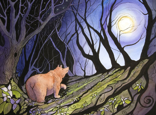 “Trillium Moon” Watercolor, Gouache and Ink, 19” x 25” by artist Pattie Brooks Anderson. See her portfolio by visiting www.ArtsyShark.com