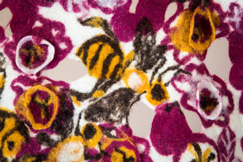 Detail shot, "The Bees Knees" hand dyed felted painting / shawl