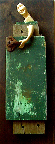 “Gatekeeper” Mixed Media Assemblage, 7”W x 17”H x 3”D by artist Joan Hall. See her portfolio by visiting www.ArtsyShark.com