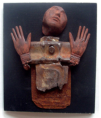 "Worshiper" Mixed Media Assemblage, 8"W x 9"H x 2"D by artist Joan Hall. See her portfolio by visiting www.ArtsyShark.com