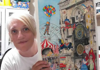 Artist Chelle DeStefano with her painting "Prague Carnival". Read her interview at www.ArtsyShark.com