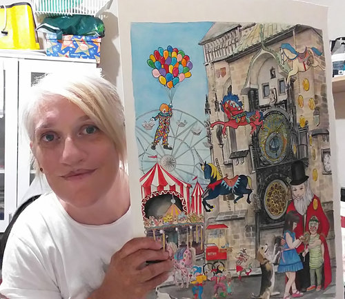 Artist Chelle DeStefano with her painting "Prague Carnival". Read her interview at www.ArtsyShark.com