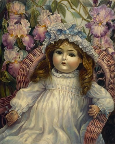 "S&H Antique Doll with Iris" Oil on Linen, 24" x 30" by artist Carolyn Sterling. See her portfolio by visiting www.ArtsyShark.com