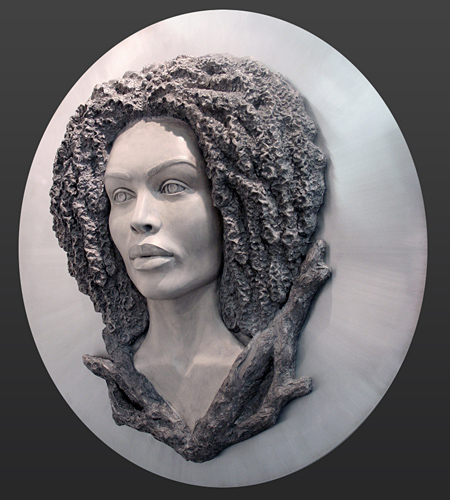 “Gabriela’s Roots” Cast stone (Aqua-resin, Hydro-stone) and Aluminum, 40” x 40” x 6” by artist Denisa Prochazka. See her portfolio by visiting www.ArtsyShark.com