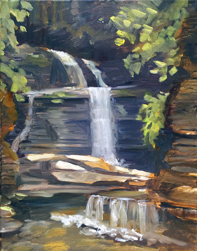 "The Secret Waterfall" Oil, 14”x 11” by artist Kathy Armstrong. See her feature at www.ArtsyShark.com