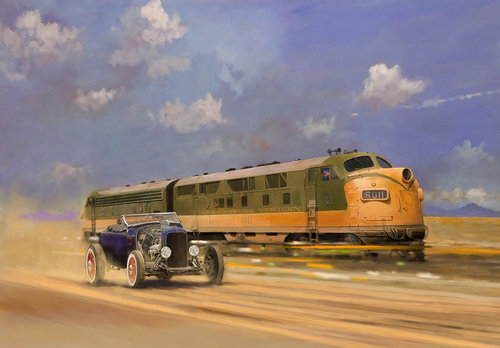"Daredevils (Train)" Acrylic and digital image, 11.7" x 16.5" by Geoff Thornley. See his feature at www.ArtsyShark.com