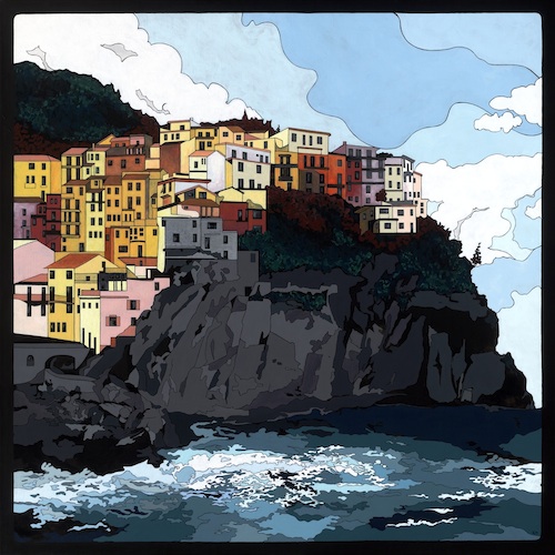 "Manarola" Acrylic on Canvas, 36" x 36" by artist Konni Jensen. See her portfolio by visiting www.ArtsyShark.com