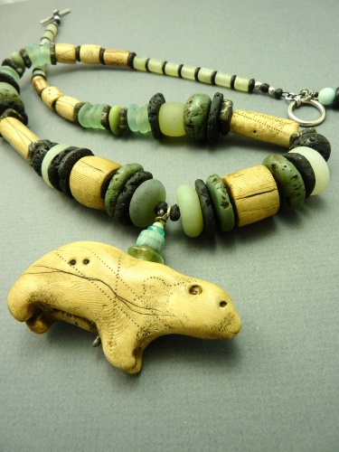 “Shaman Necklace: Bear Clan” Polymer Clay, Semi-Precious Stones, Vintage African Trade Beads, 28” L by artist Luann Udell. See her portfolio by visiting www.ArtsyShark.com