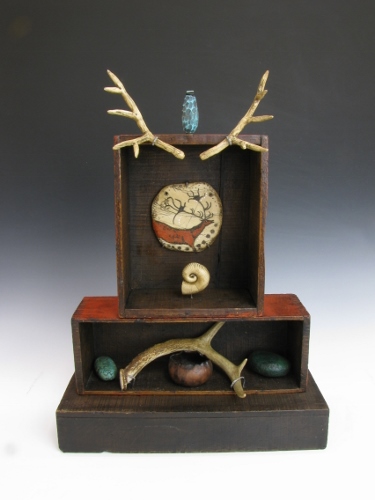 “Shrine: Red Deer Clan” Polymer Clay, Restored and Refinished Antique Wood Boxes, 20” x 15” by artist Luann Udell. See her portfolio by visiting www.ArtsyShark.com