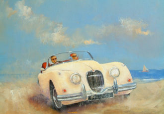 "Jaguar XK150" Acrylic on canvas panel, 16" x 11" by Geoff Thornley. See his feature at www.ArtsyShark.com