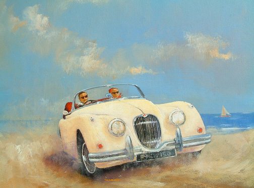 "Jaguar XK150" Acrylic on canvas panel, 16" x 11" by Geoff Thornley. See his feature at www.ArtsyShark.com