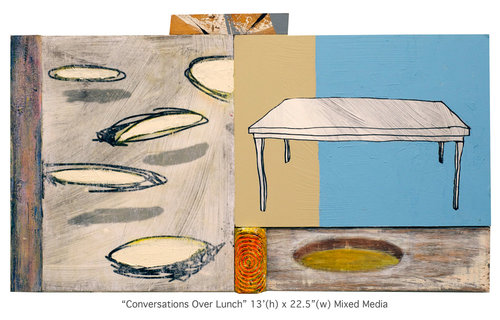 "Conversations Over Lunch" 13" x 22.5" mixed media by Mark Flowers. See his feature at www.ArtsyShark.com