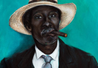 “Man with Cigar” Acrylic on Canvas, 20” x 20” by artist Nicole Daniah Sidonie. See her portfolio by visiting www.ArtsyShark.com