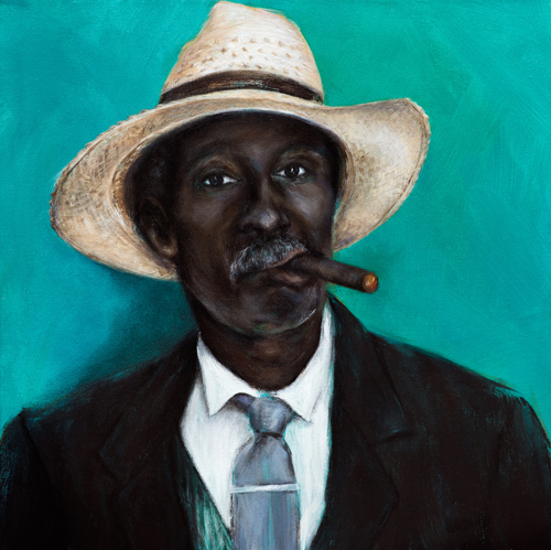 “Man with Cigar” Acrylic on Canvas, 20” x 20” by artist Nicole Daniah Sidonie. See her portfolio by visiting www.ArtsyShark.com