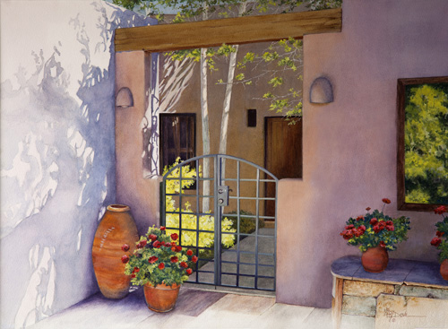 “Santa Fe Sunlit Patio” Watercolor, 30” x 22” by artist Mary Dove. See her portfolio by visiting www.ArtsyShark.com