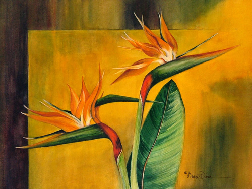 “Birds of Paradise” Watercolor, 12” x 16” by artist Mary Dove. See her portfolio by visiting www.ArtsyShark.com