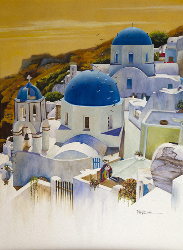 “Blue Domes of Santorini Greek Island” Watercolor, 20” x 30” by artist Mary Dove. See her portfolio by visiting www.ArtsyShark.com